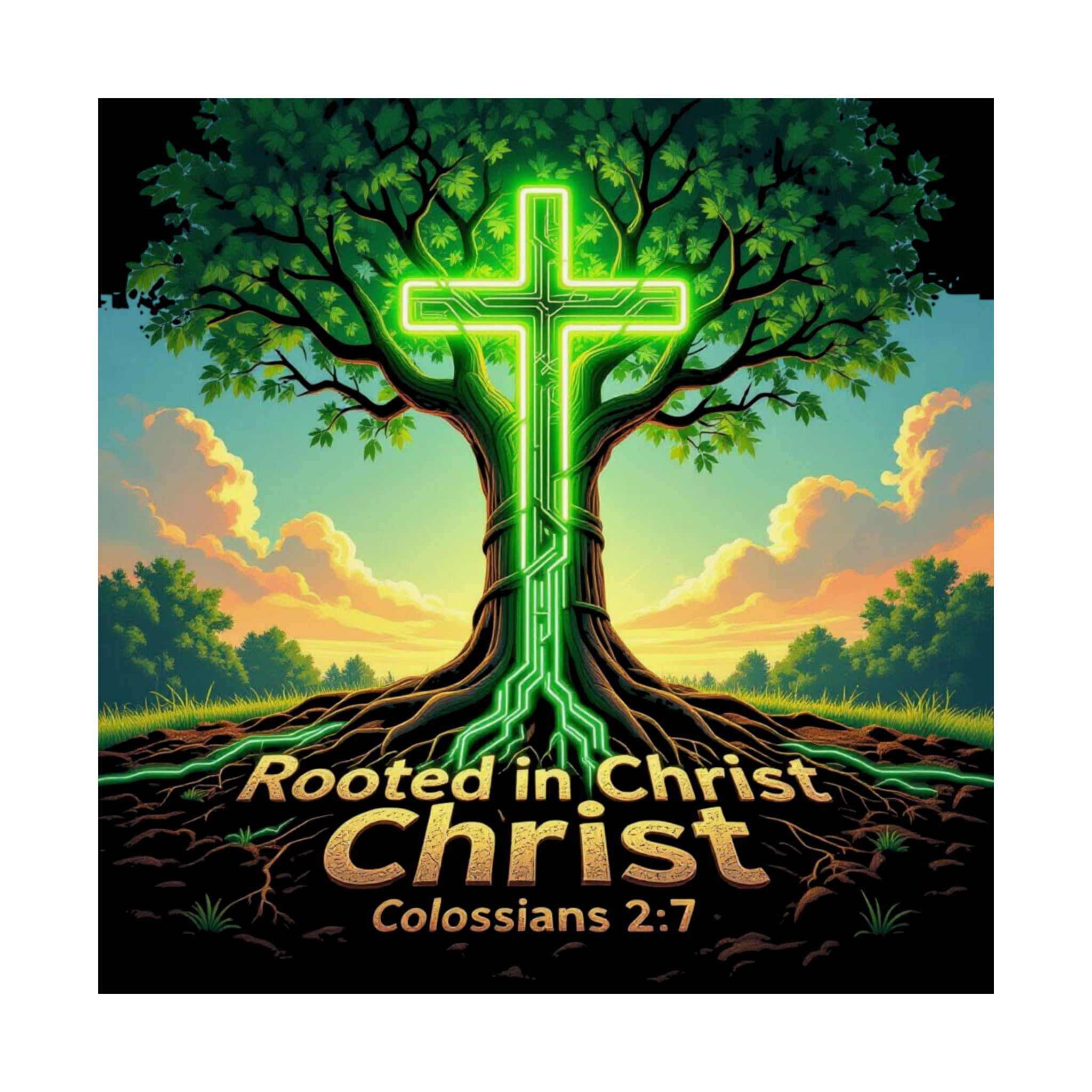 Rooted in Christ neon cross tree Poster | Matte Vertical Poster, Colossians 2:7 - Image 3