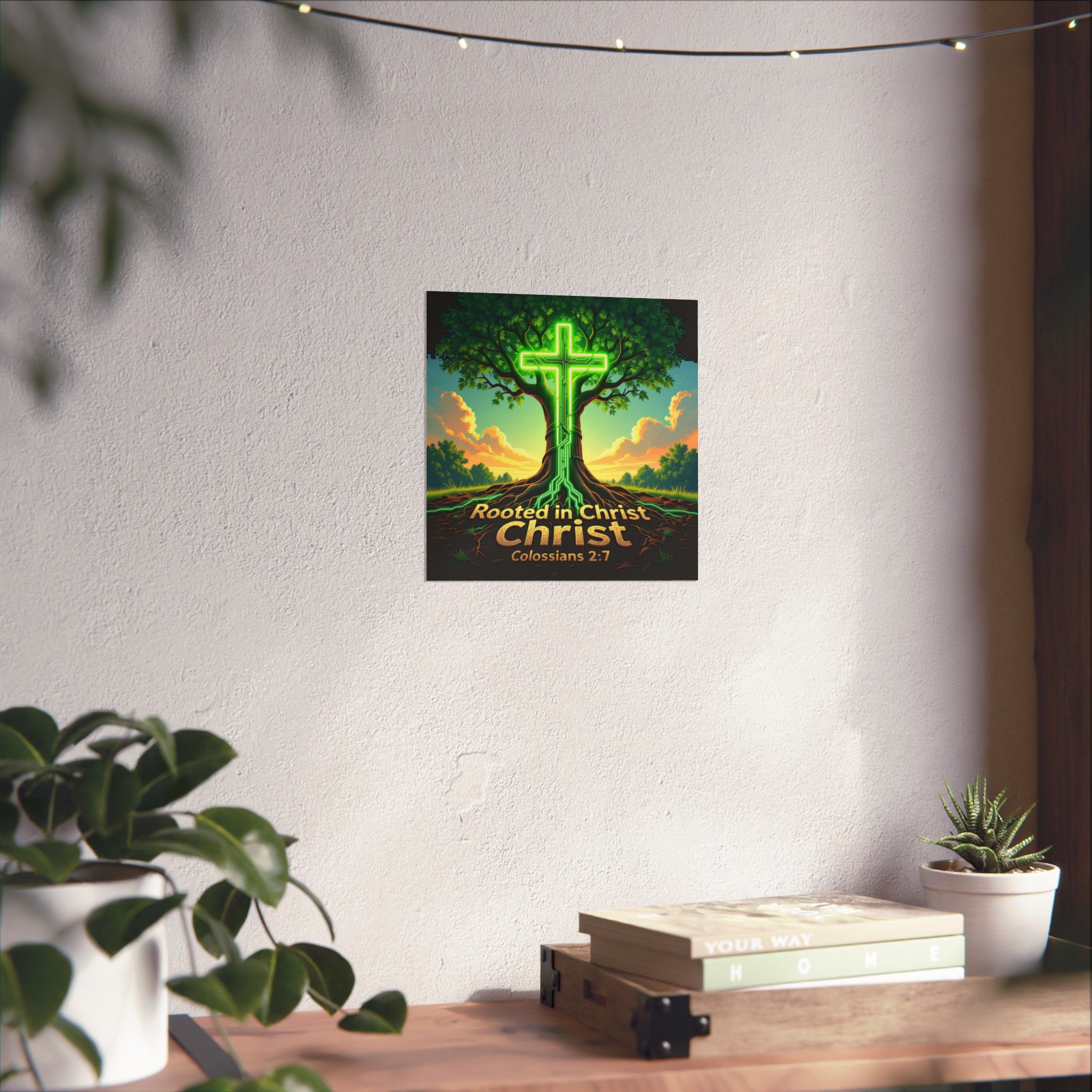 Rooted in Christ neon cross tree Poster | Matte Vertical Poster, Colossians 2:7
