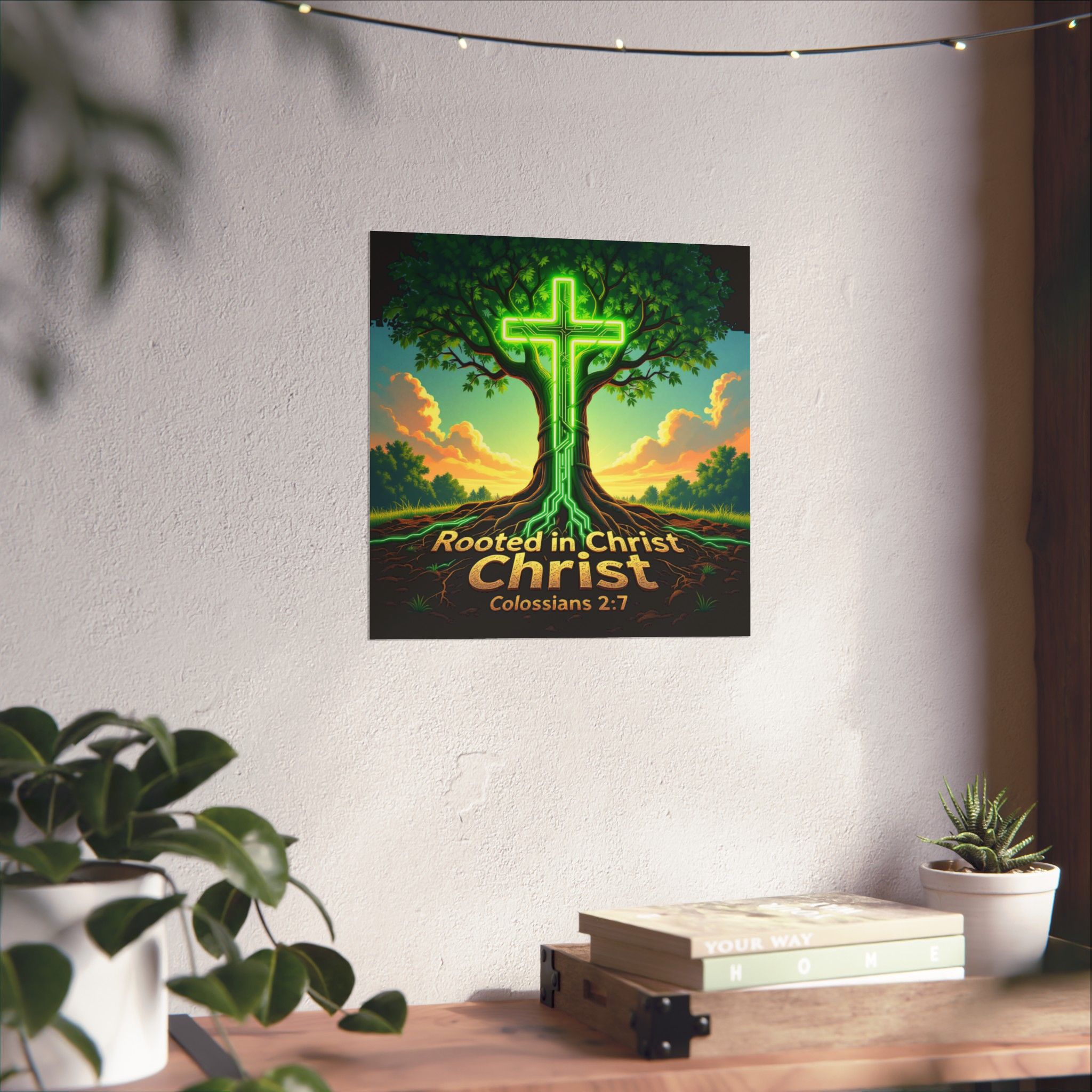 Rooted in Christ neon cross tree Poster | Matte Vertical Poster, Colossians 2:7 - Image 5