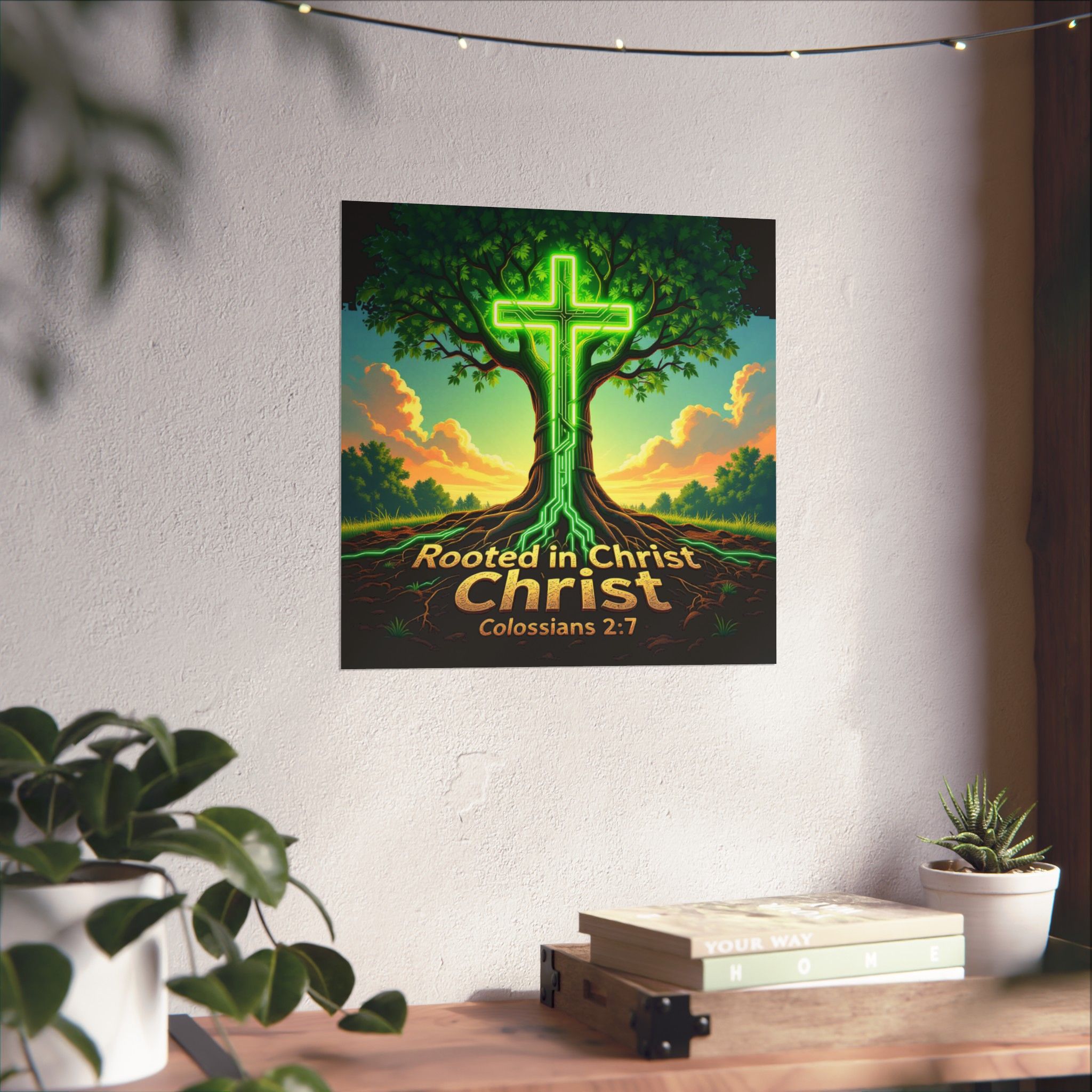 Rooted in Christ neon cross tree Poster | Matte Vertical Poster, Colossians 2:7 - Image 6