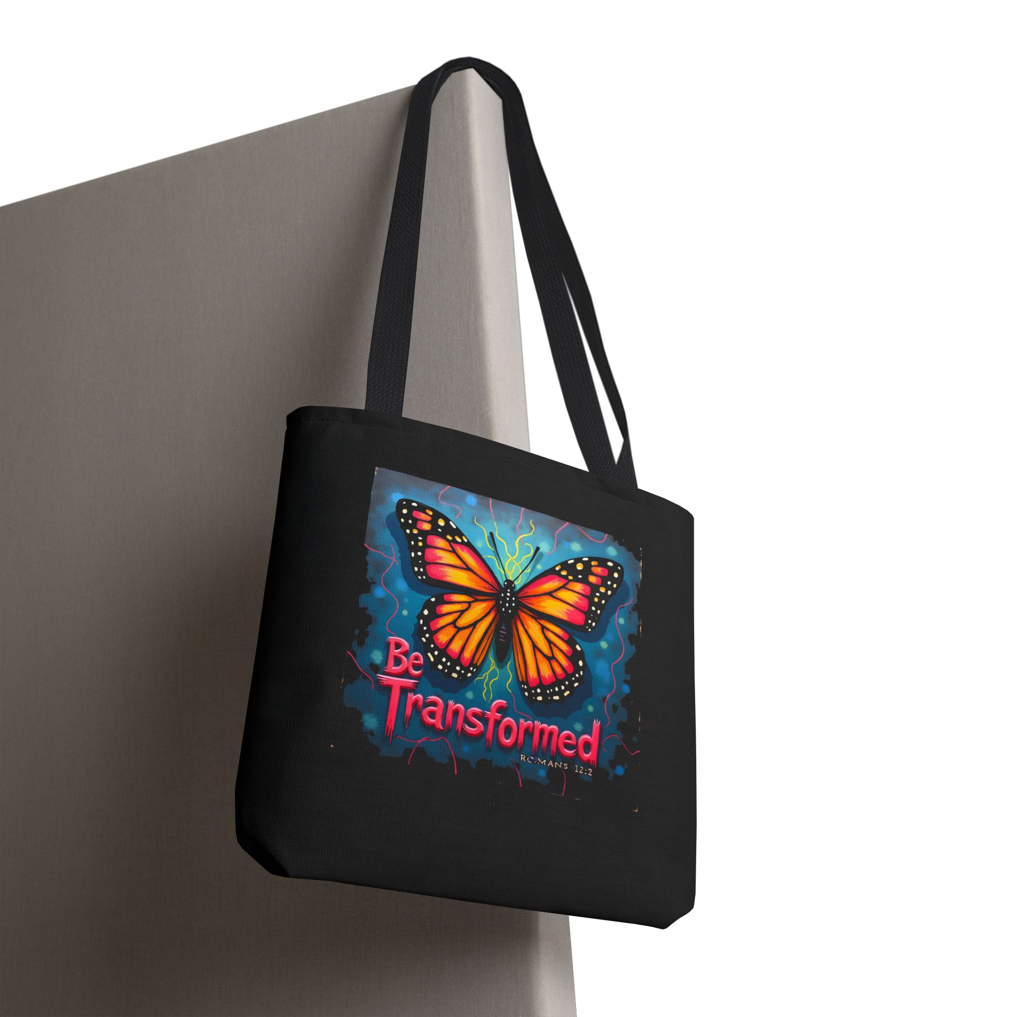 Be Transformed Butterfly Unisex Tote Bag | Christian Scripture Romans 12:2 Artwork