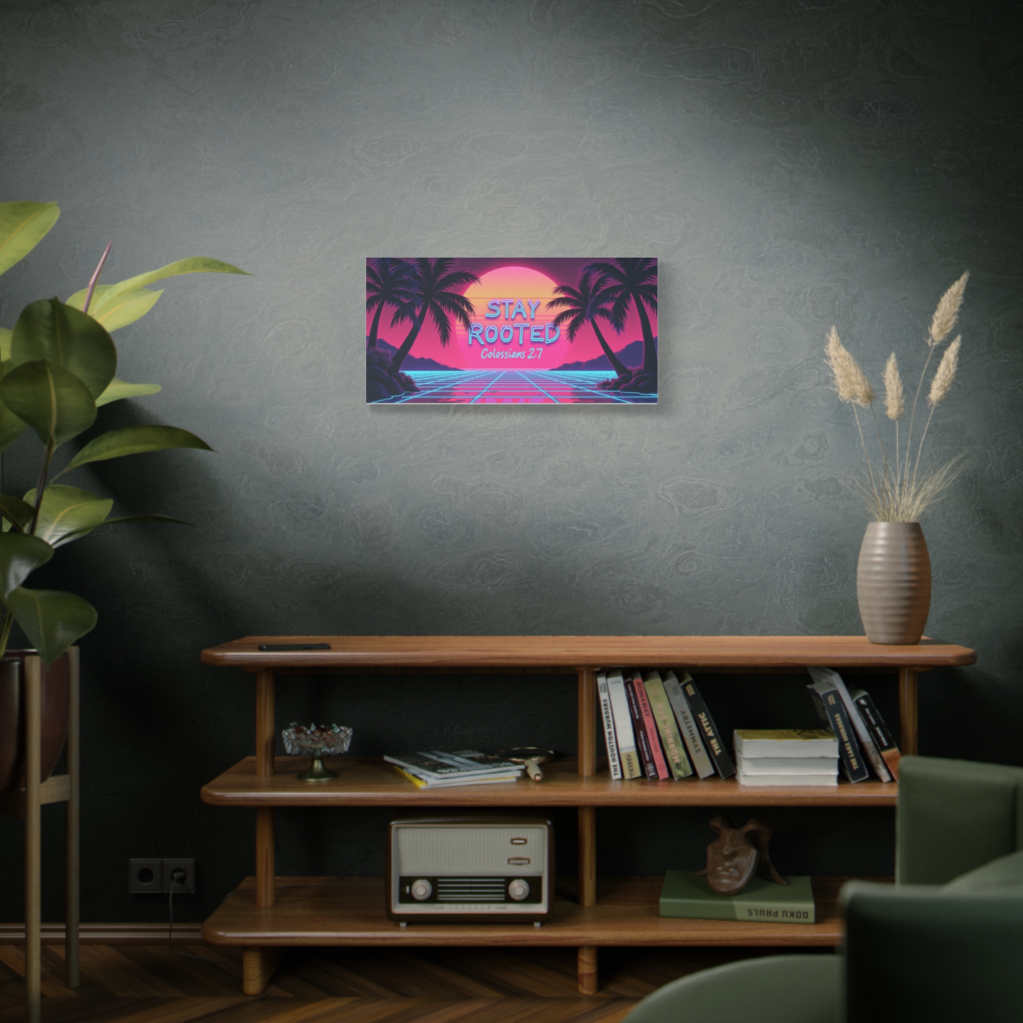 Stay Rooted Canvas Wall Art — Colossians 2:7 Retro Sunset Palm Print - Image 4