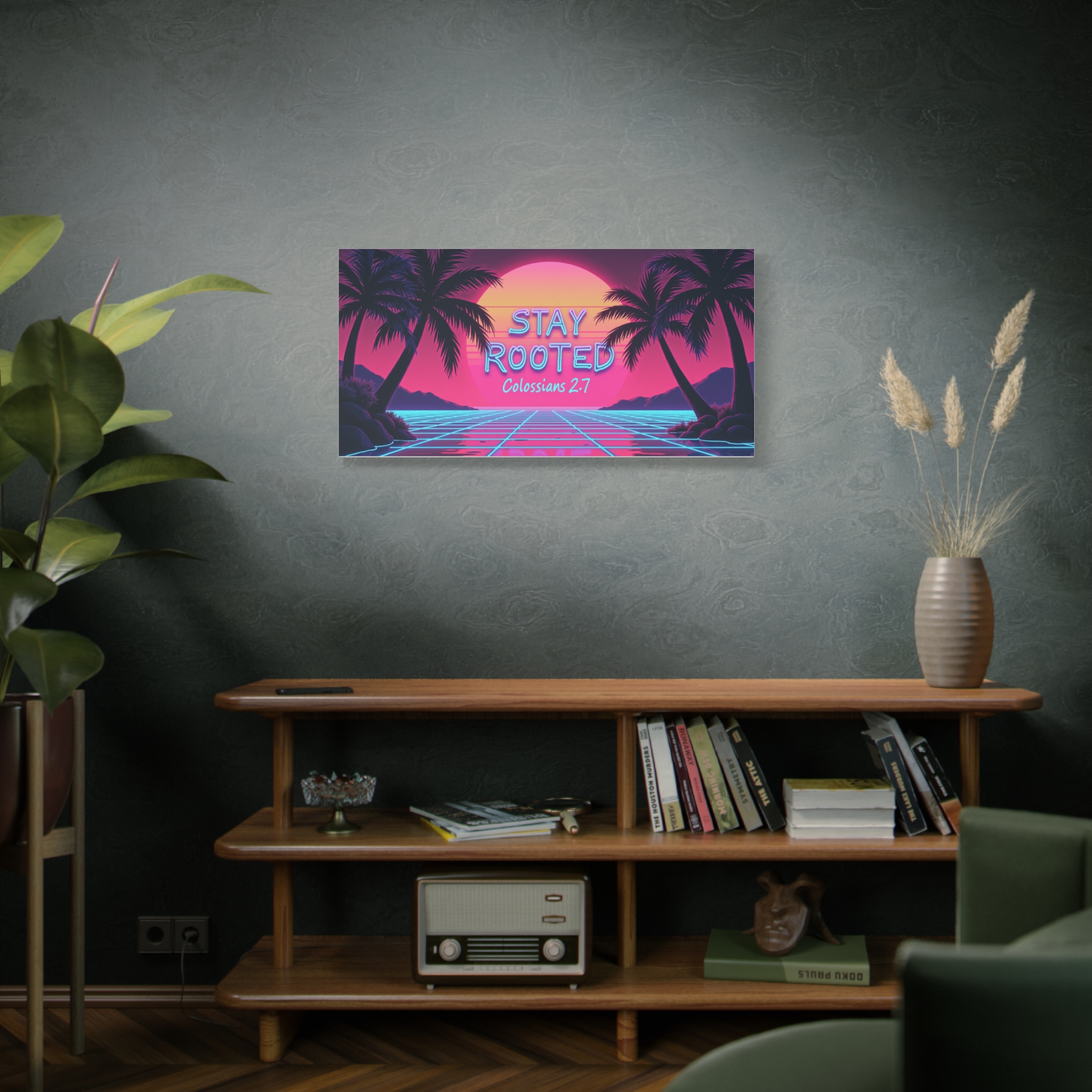 Stay Rooted Canvas Wall Art — Colossians 2:7 Retro Sunset Palm Print - Image 5