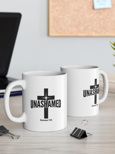 Inspirational Mug with Cross Design, Unashamed Coffee Cup, Faith-Based Gift, Christian Holiday Mug, Romans 1:16 Inspired Drinkware