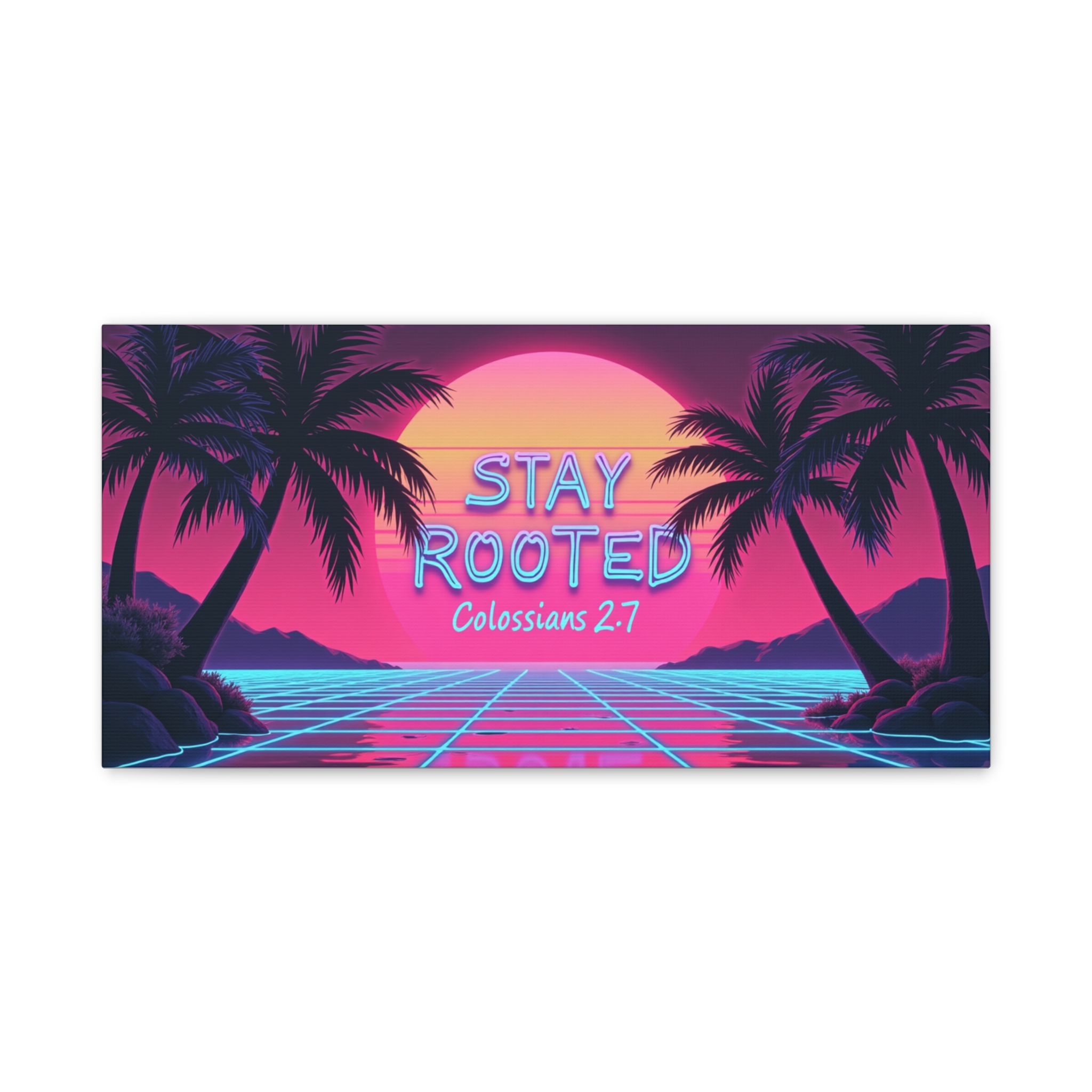 Stay Rooted Canvas Wall Art — Colossians 2:7 Retro Sunset Palm Print - Image 2