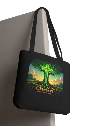 Rooted in Christ cross tree Unisex Tote Bag | Christian faith scripture Colossians 2:7