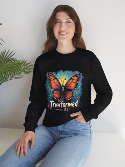 Transformed Butterfly sweatshirt | Christian Scripture Romans 12:2, Monarch Wings, Faith Apparel
