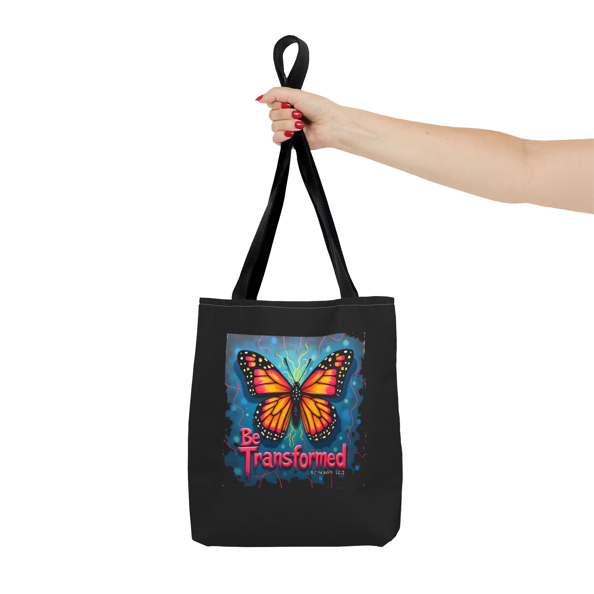 Be Transformed Butterfly Unisex Tote Bag | Christian Scripture Romans 12:2 Artwork - Image 2