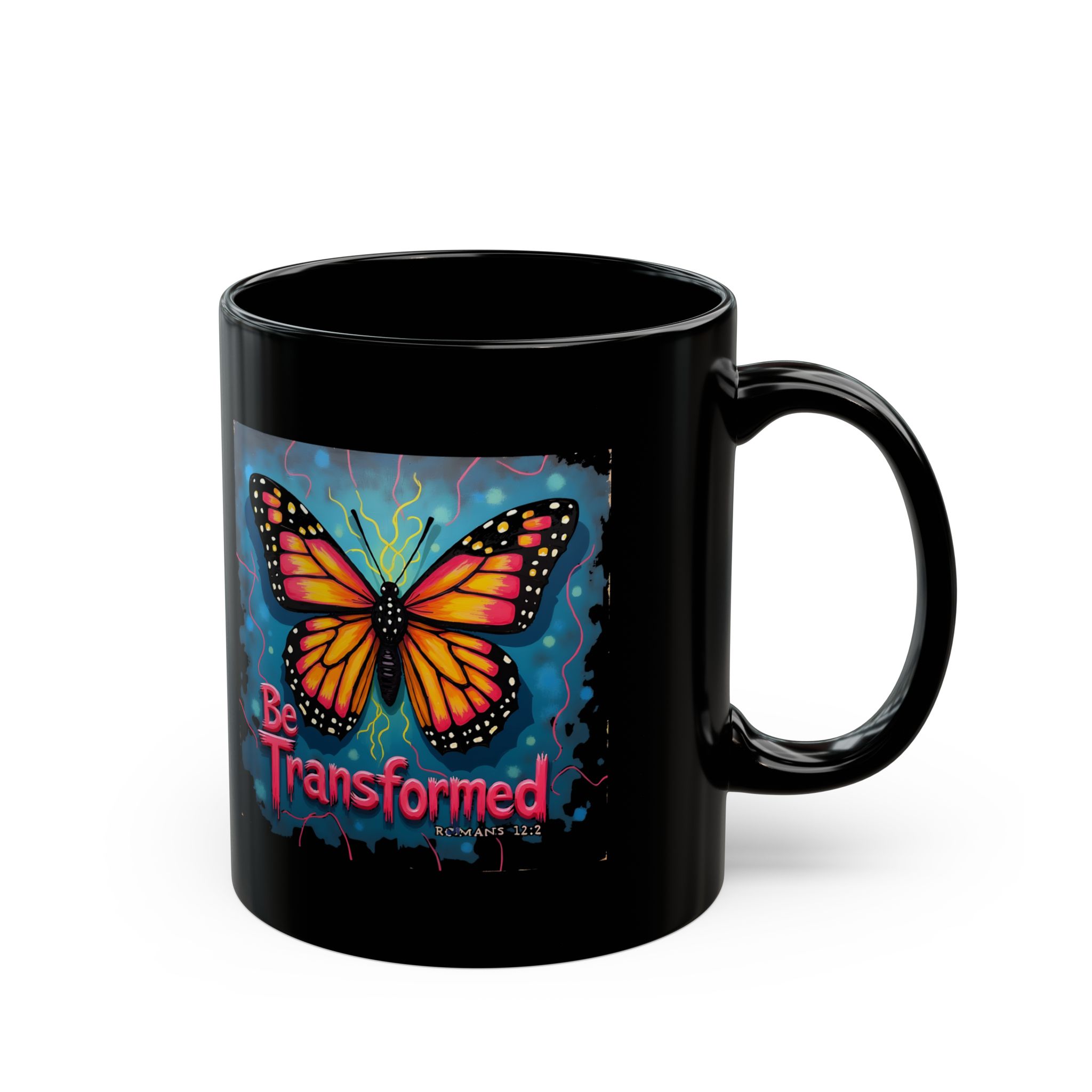 Be Transformed Butterfly Mug, Romans 12:2 Black Ceramic Mug - Image 3