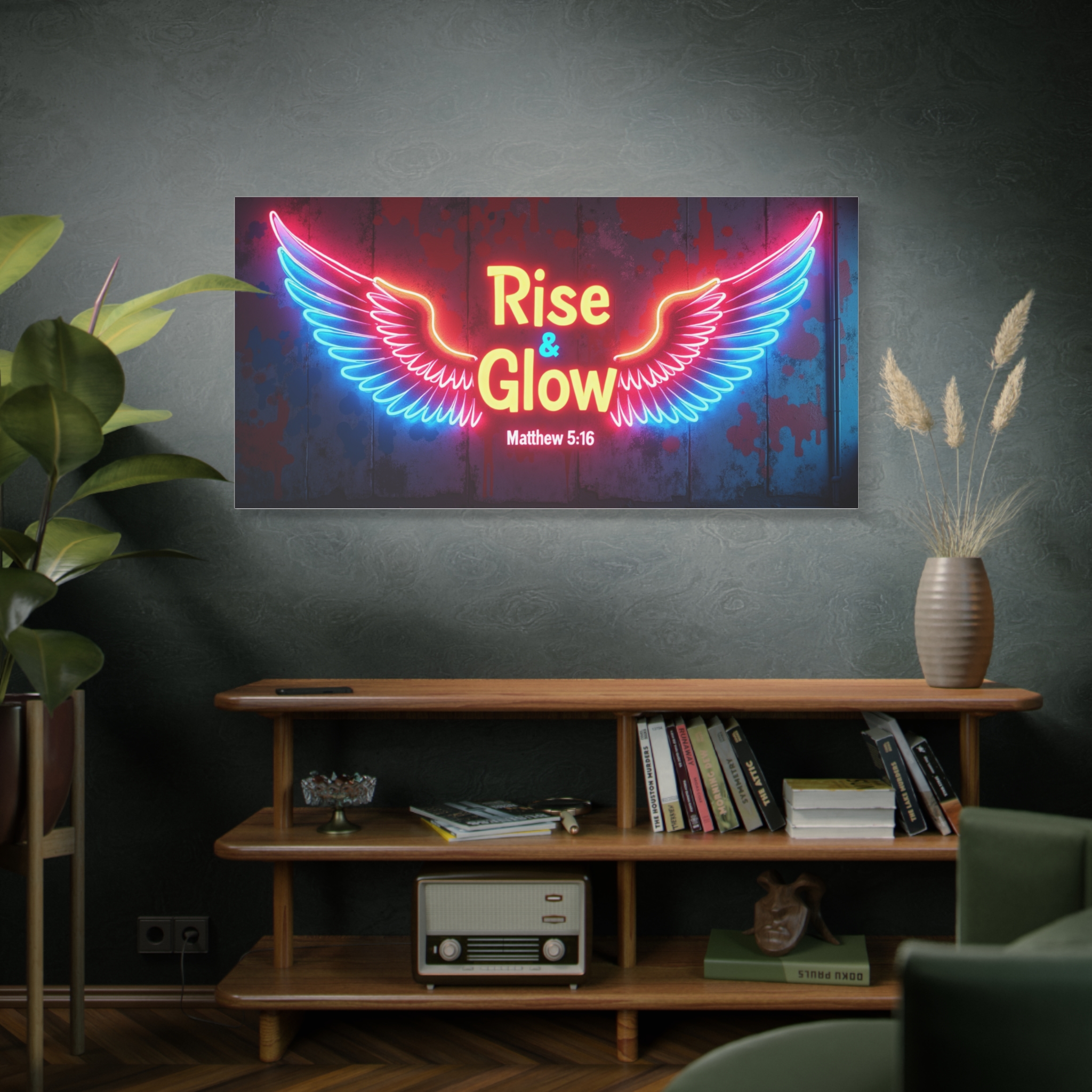 Rise & Glow Neon Wings Matte Canvas Wall Art — Matthew 5:16 Christian Decor - Image 7