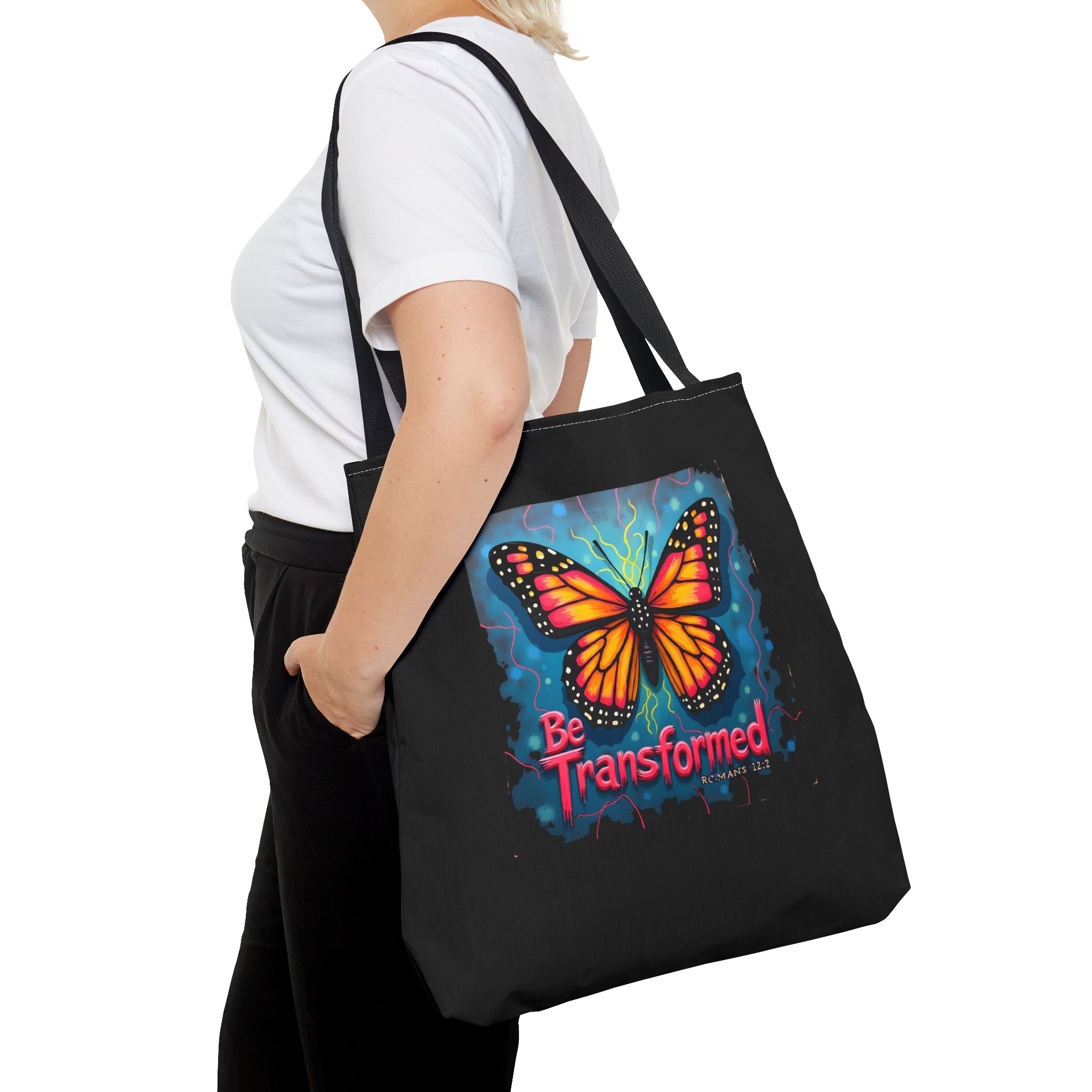 Be Transformed Butterfly Unisex Tote Bag | Christian Scripture Romans 12:2 Artwork - Image 6