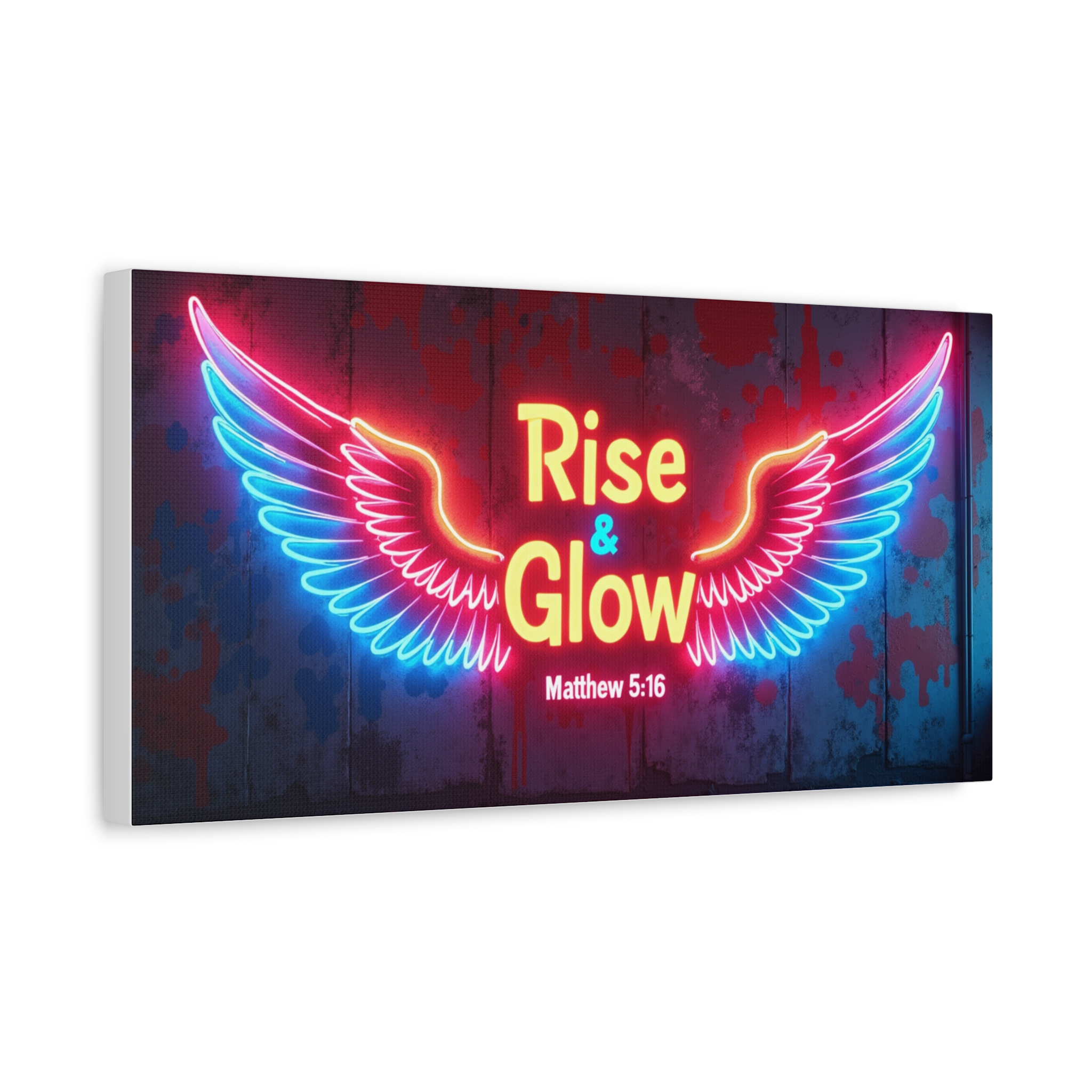 Rise & Glow Neon Wings Matte Canvas Wall Art — Matthew 5:16 Christian Decor - Image 3