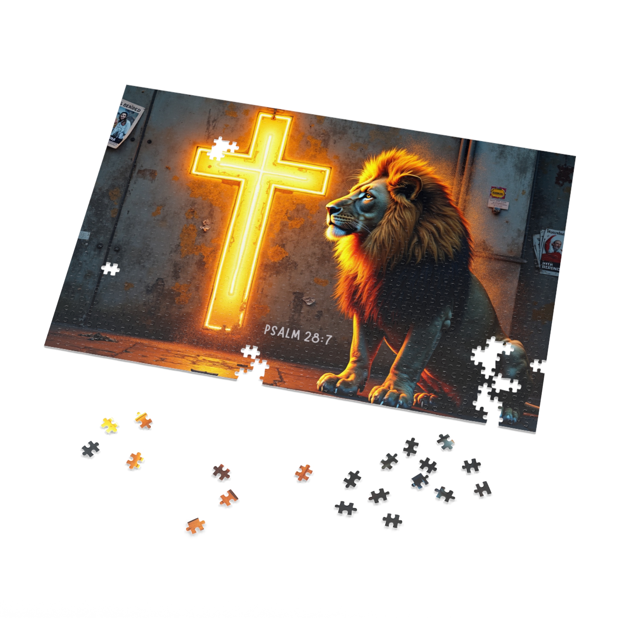 Lion; Neon Cross Jigsaw Puzzle (Psalm 28:7) — Religious 1000-Piece