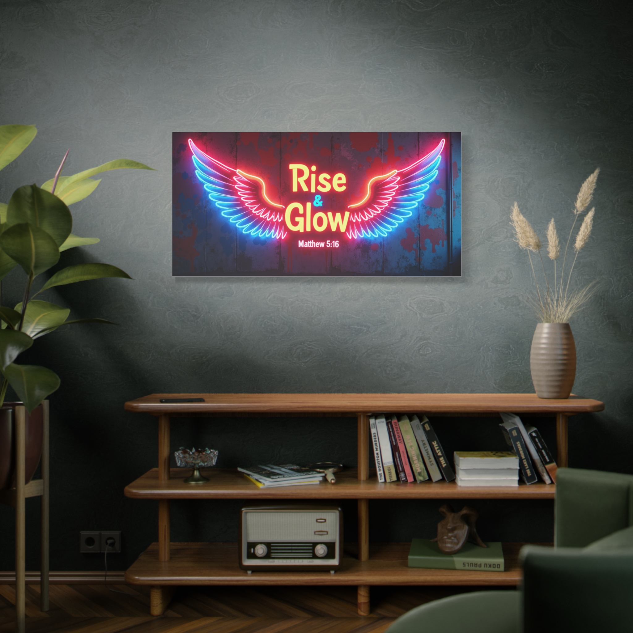 Rise & Glow Neon Wings Matte Canvas Wall Art — Matthew 5:16 Christian Decor - Image 6