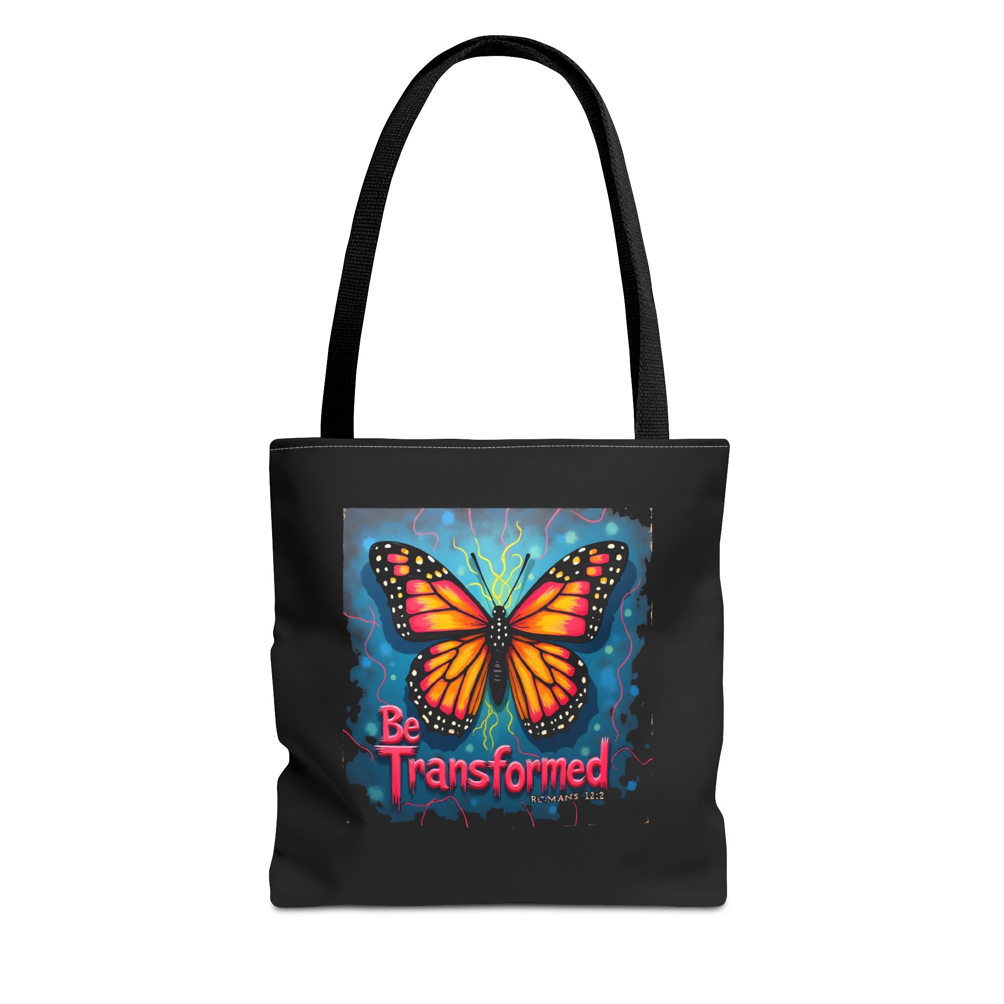 Be Transformed Butterfly Unisex Tote Bag | Christian Scripture Romans 12:2 Artwork - Image 3
