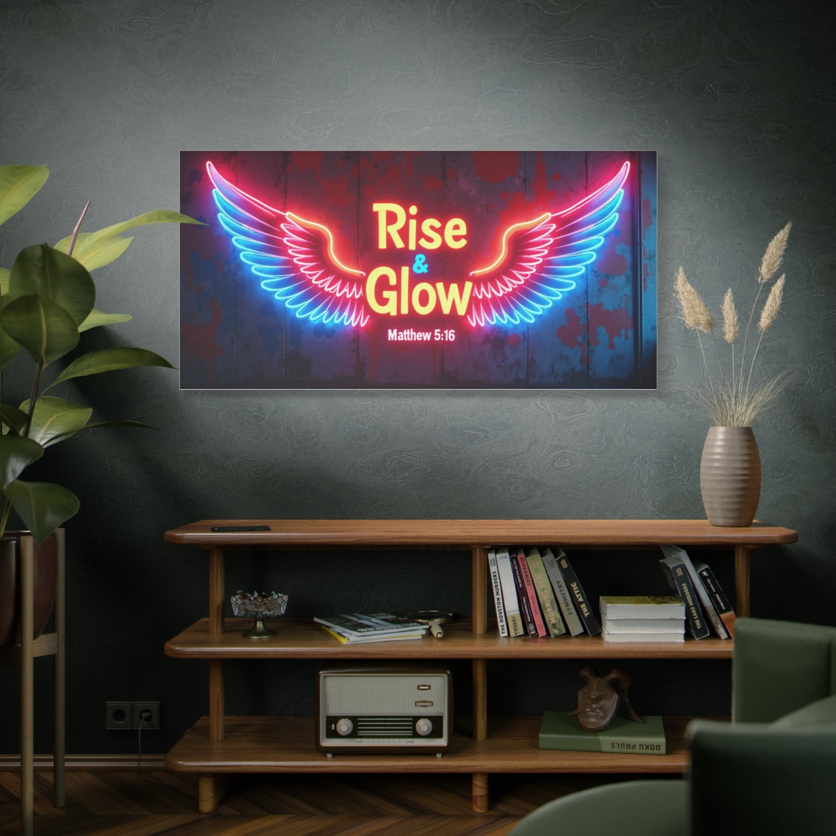 Rise & Glow Neon Wings Matte Canvas Wall Art — Matthew 5:16 Christian Decor