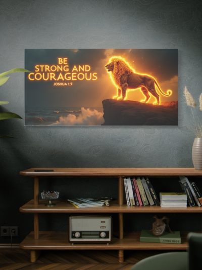 Be Strong and Courageous Lion Canvas Wall Art — Joshua 1:9 Inspirational Matte Stretched Canvas