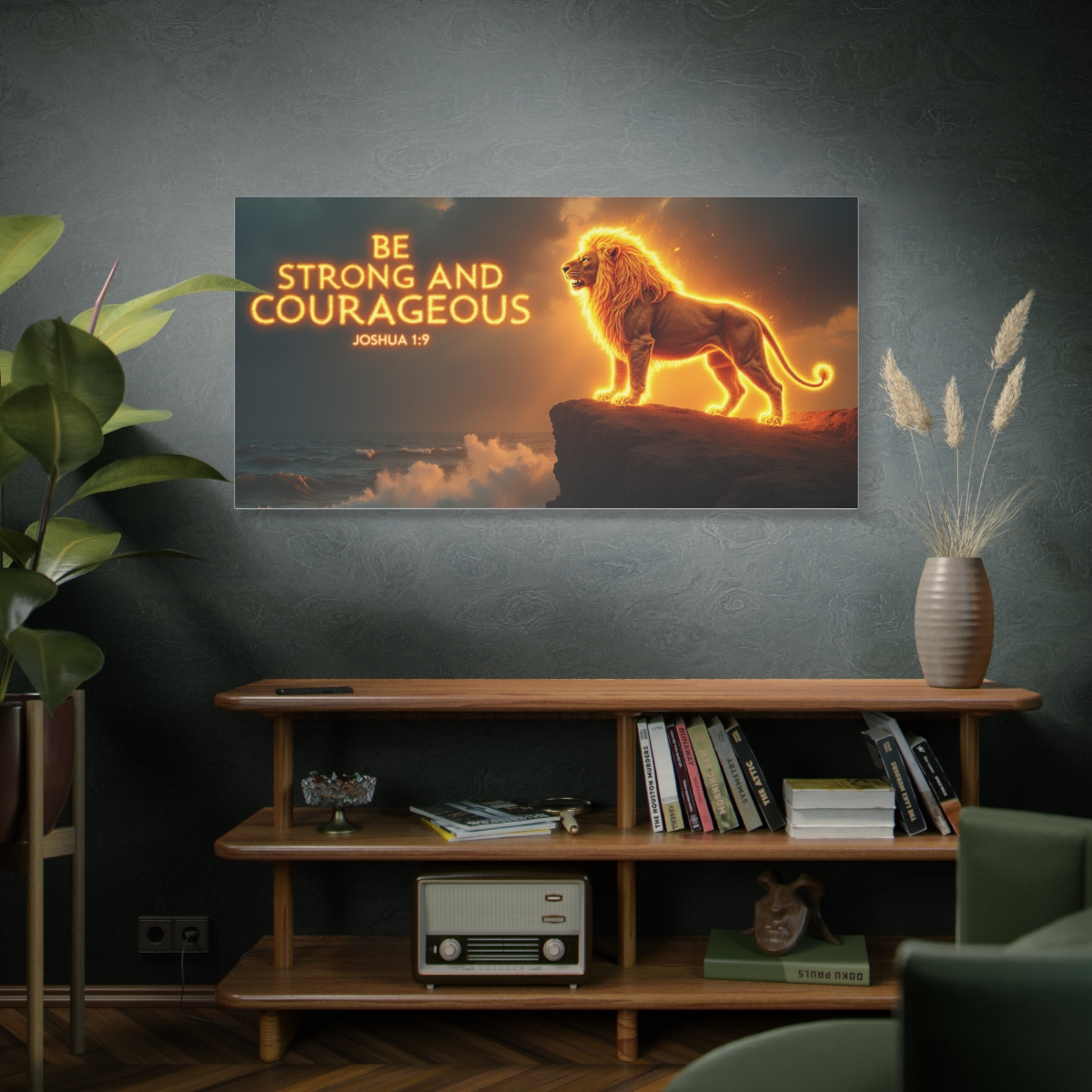 Be Strong and Courageous Lion Canvas Wall Art — Joshua 1:9 Inspirational Matte Stretched Canvas