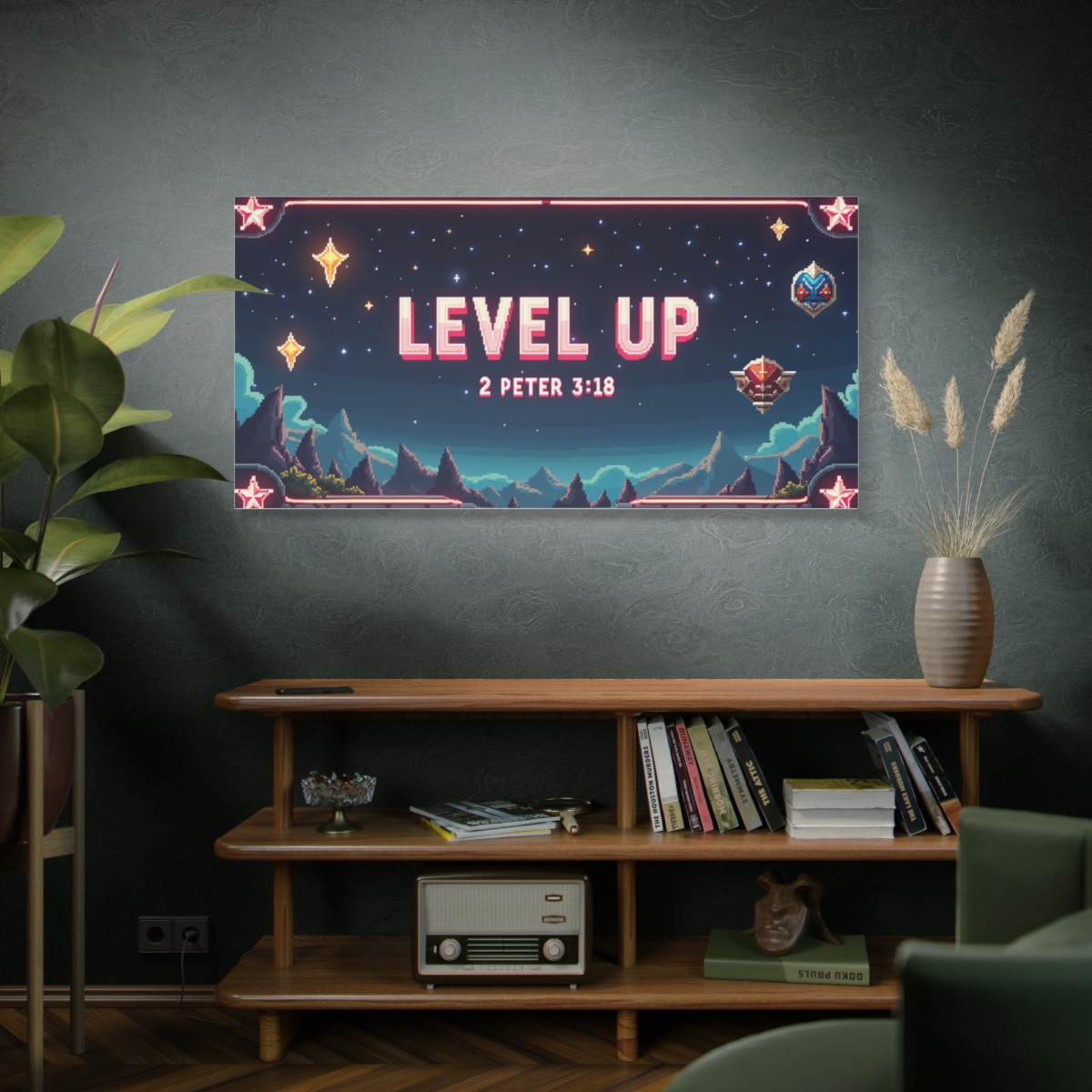 Canvas Wall Art — “Level Up” 2 Peter 3:18 Inspirational Gaming‑Style Print
