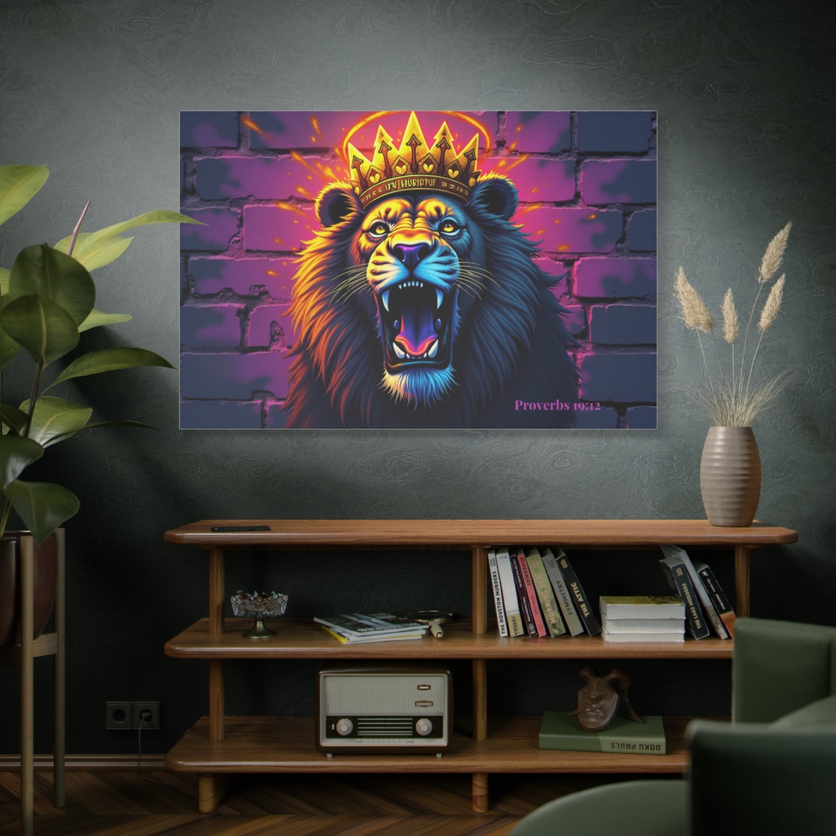 Lion with Crown Canvas Print — Vibrant Roaring Wall Art ("Proverbs 8:18")