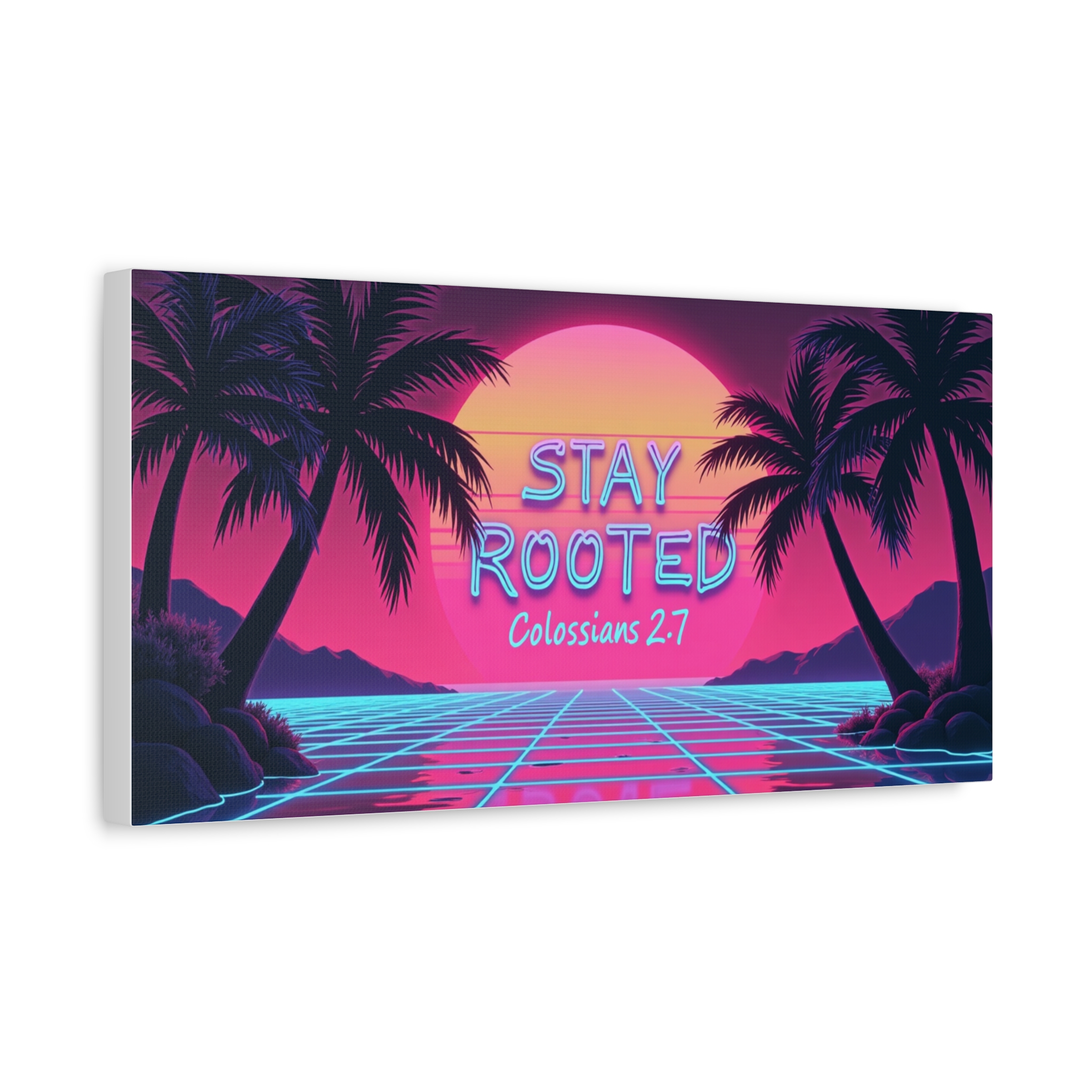 Stay Rooted Canvas Wall Art — Colossians 2:7 Retro Sunset Palm Print - Image 3