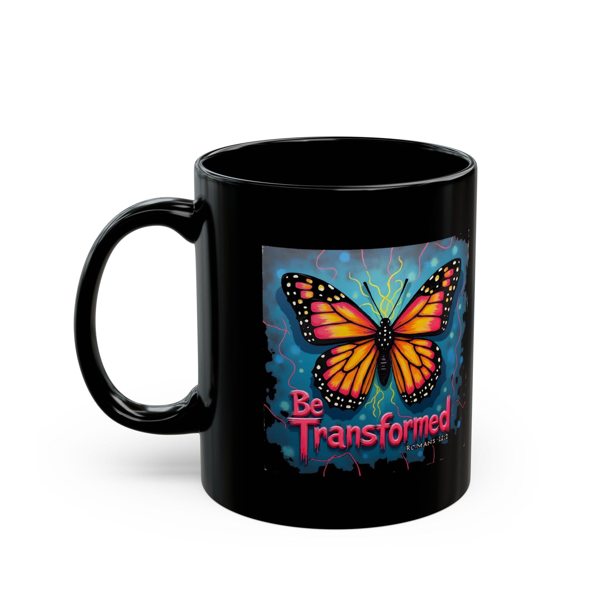 Be Transformed Butterfly Mug, Romans 12:2 Black Ceramic Mug - Image 4
