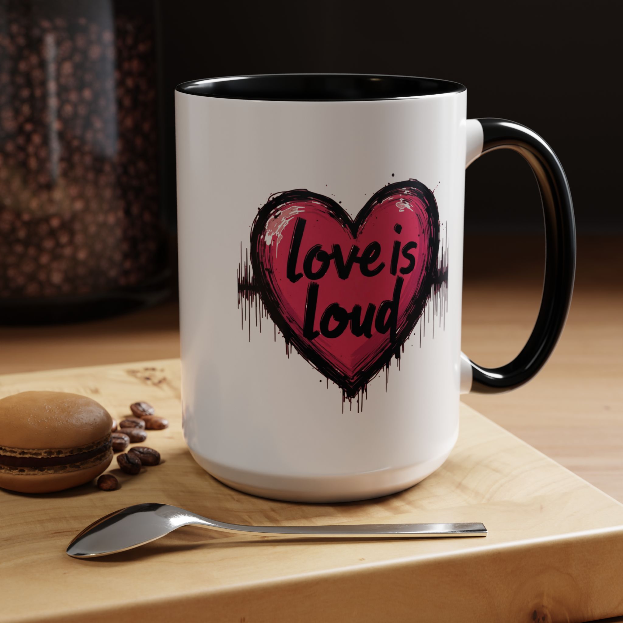 Love is Loud Accent Coffee Mug, Christian Gift, Artistic Coffee Cup, Creative Drinkware for Couples, Heart Design Mug - Image 6
