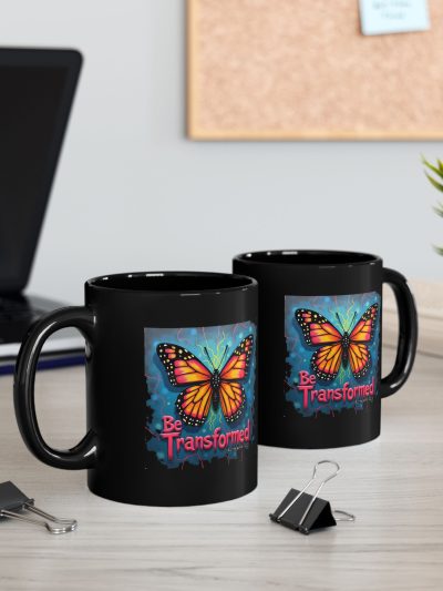 Be Transformed Butterfly Mug, Romans 12:2 Black Ceramic Mug