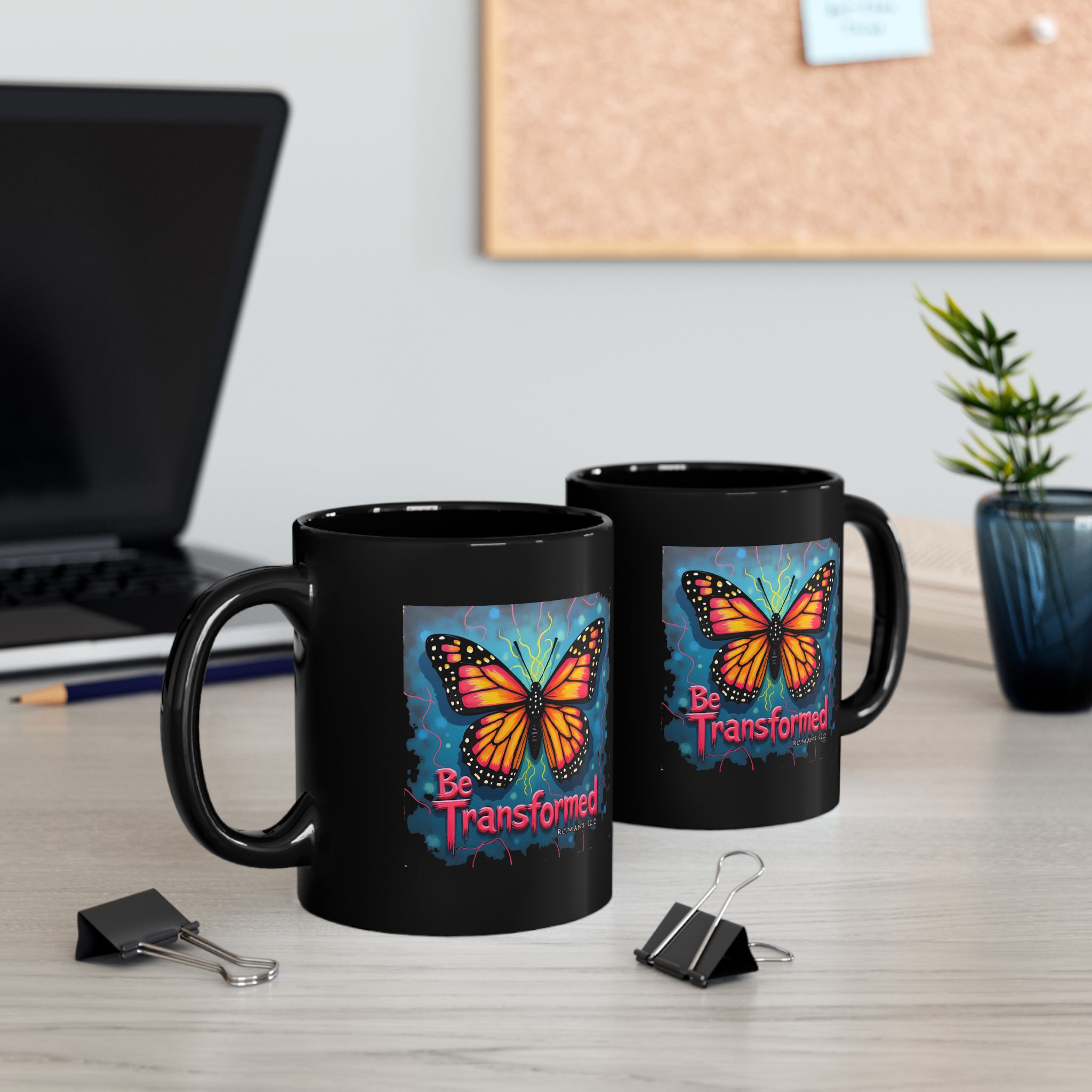 Be Transformed Butterfly Mug, Romans 12:2 Black Ceramic Mug