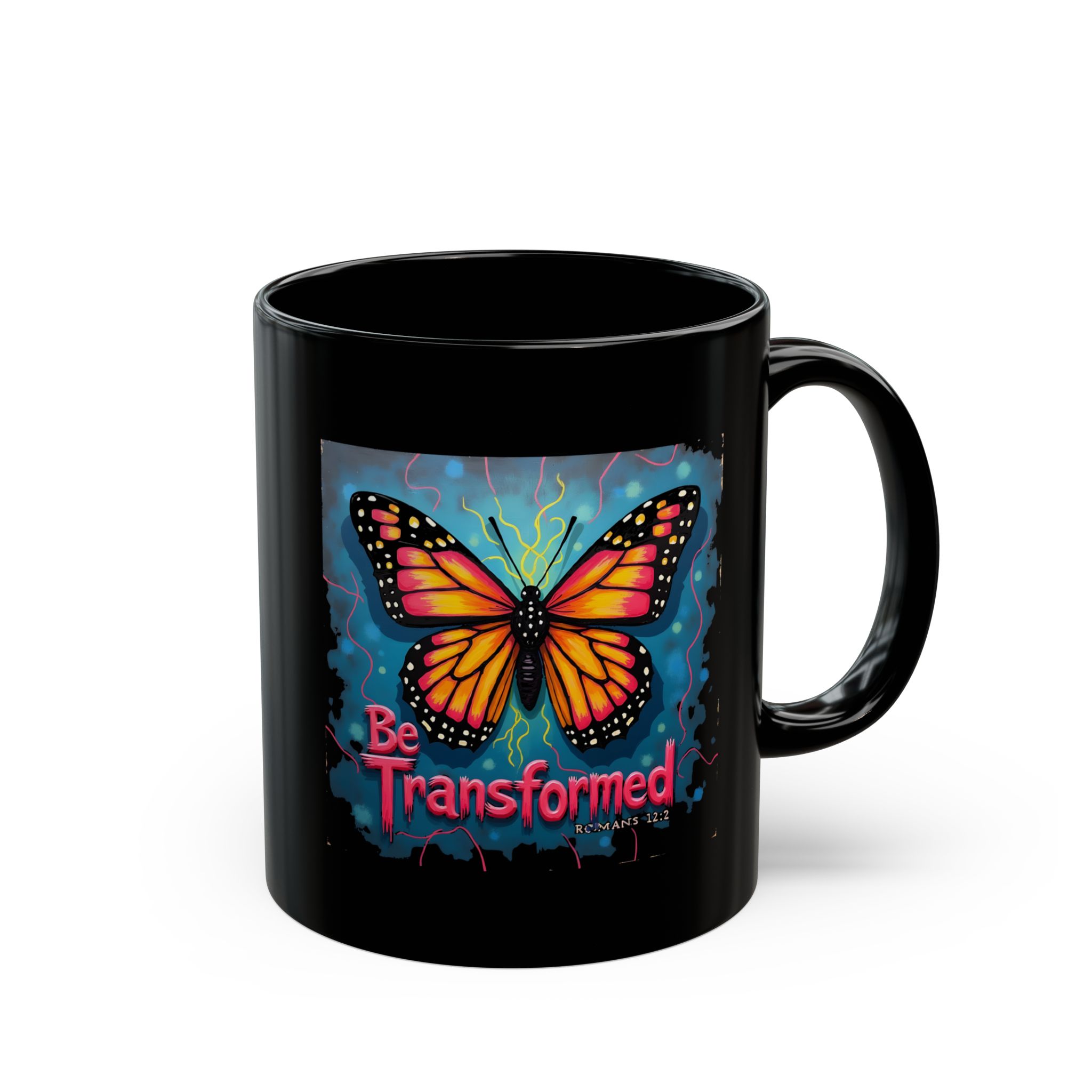 Be Transformed Butterfly Mug, Romans 12:2 Black Ceramic Mug - Image 6