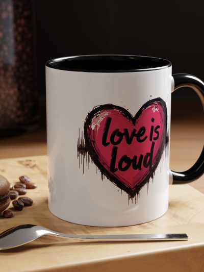 Love is Loud Accent Coffee Mug, Christian Gift, Artistic Coffee Cup, Creative Drinkware for Couples, Heart Design Mug