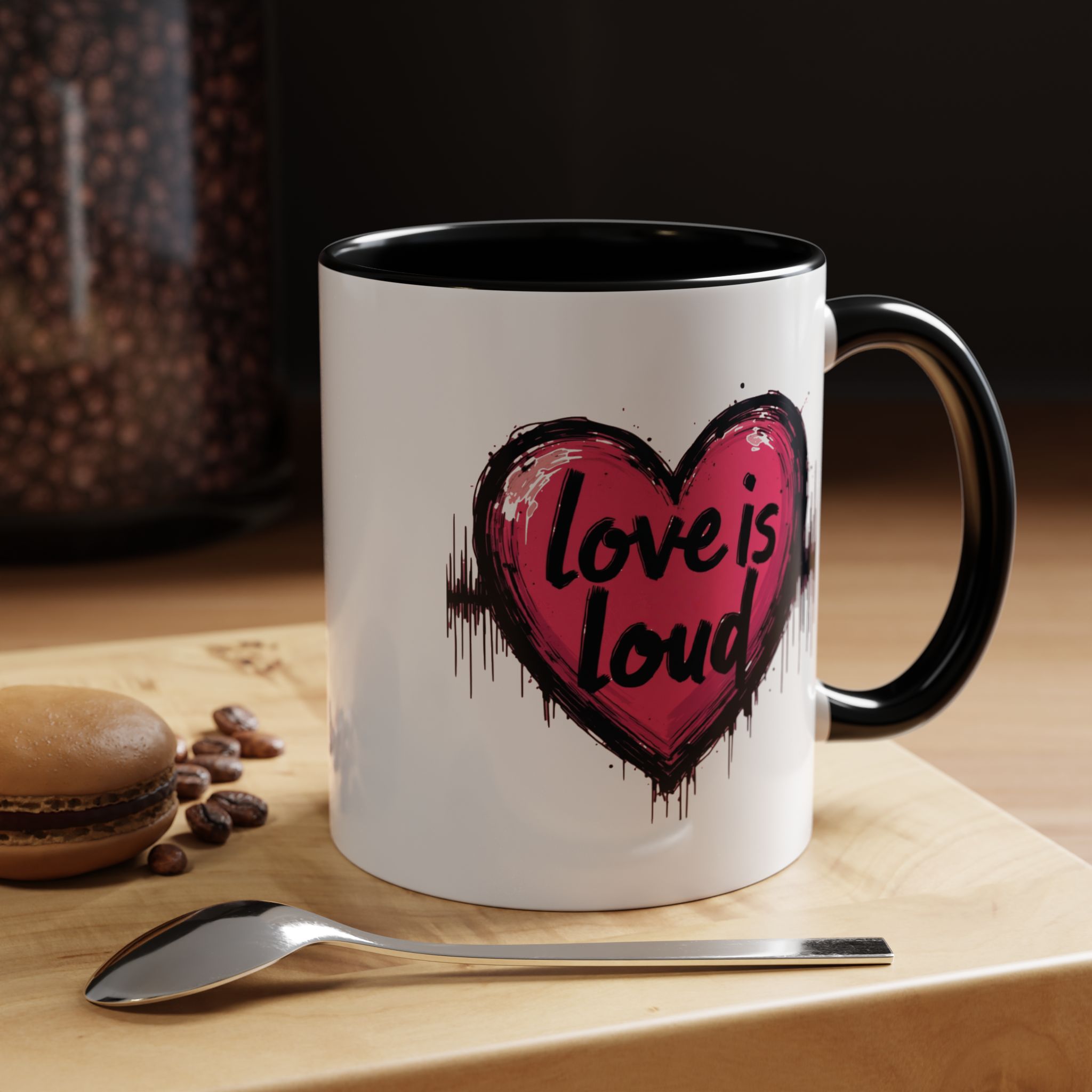 Love is Loud Accent Coffee Mug, Christian Gift, Artistic Coffee Cup, Creative Drinkware for Couples, Heart Design Mug