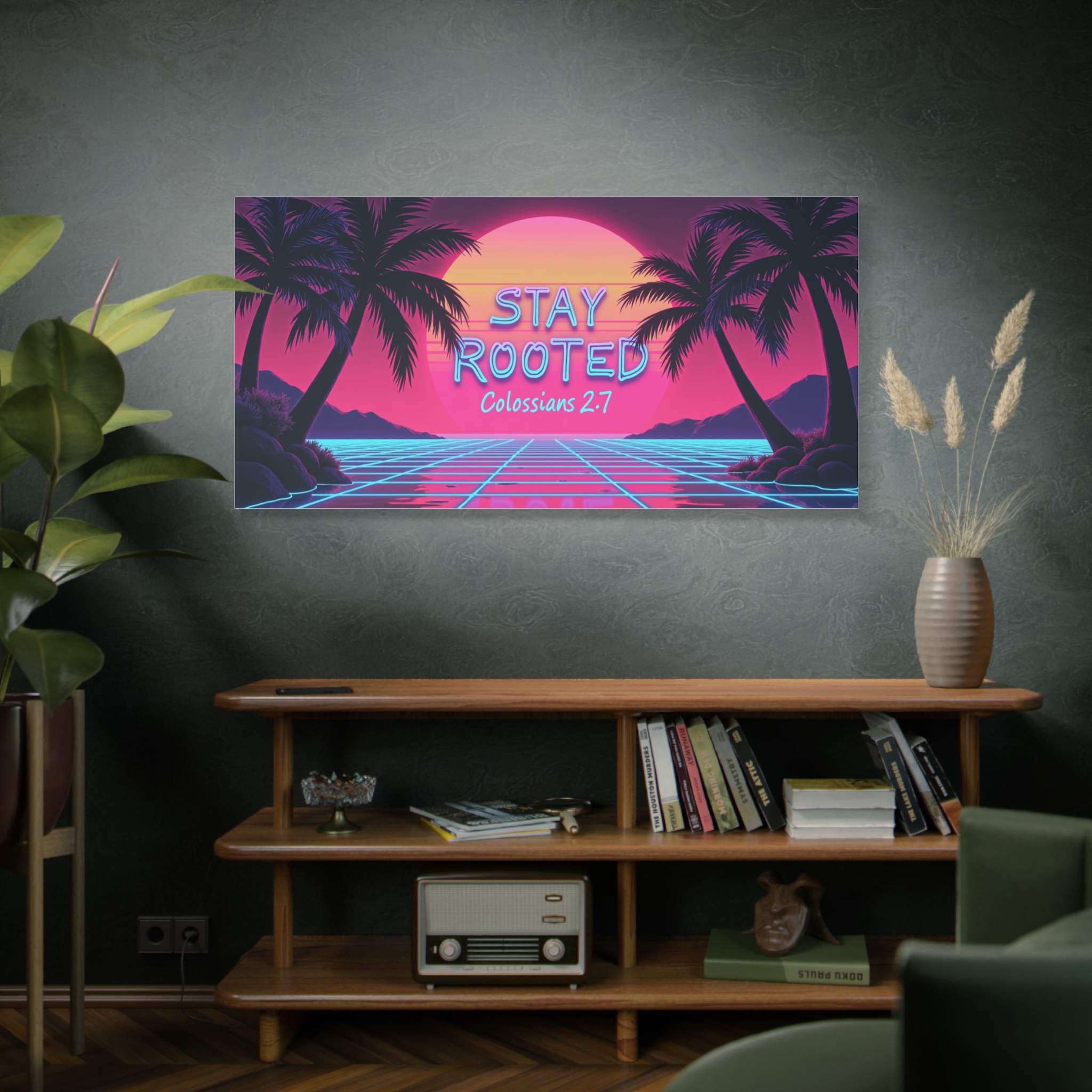 Stay Rooted Canvas Wall Art — Colossians 2:7 Retro Sunset Palm Print - Image 7