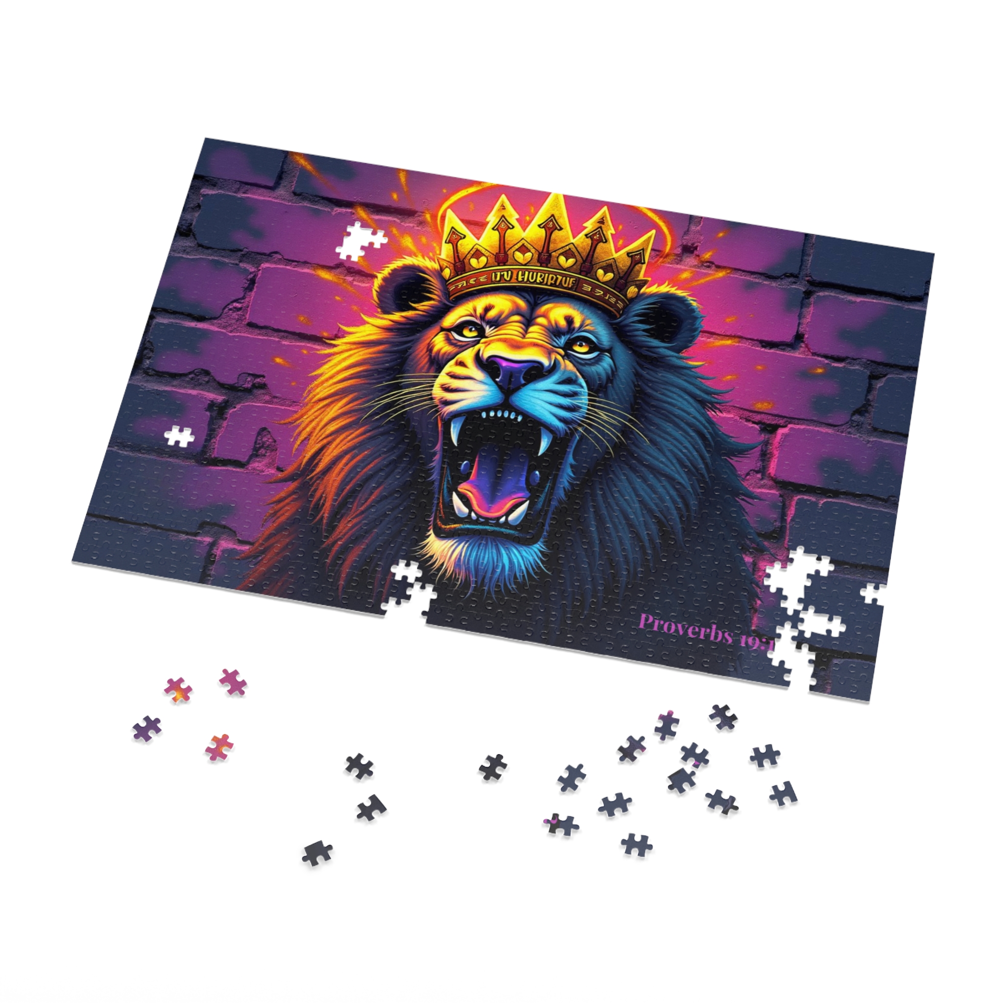Lion King Crown Jigsaw Puzzle Tin — Vibrant Neon Roaring Lion 1000-Piece Puzzle