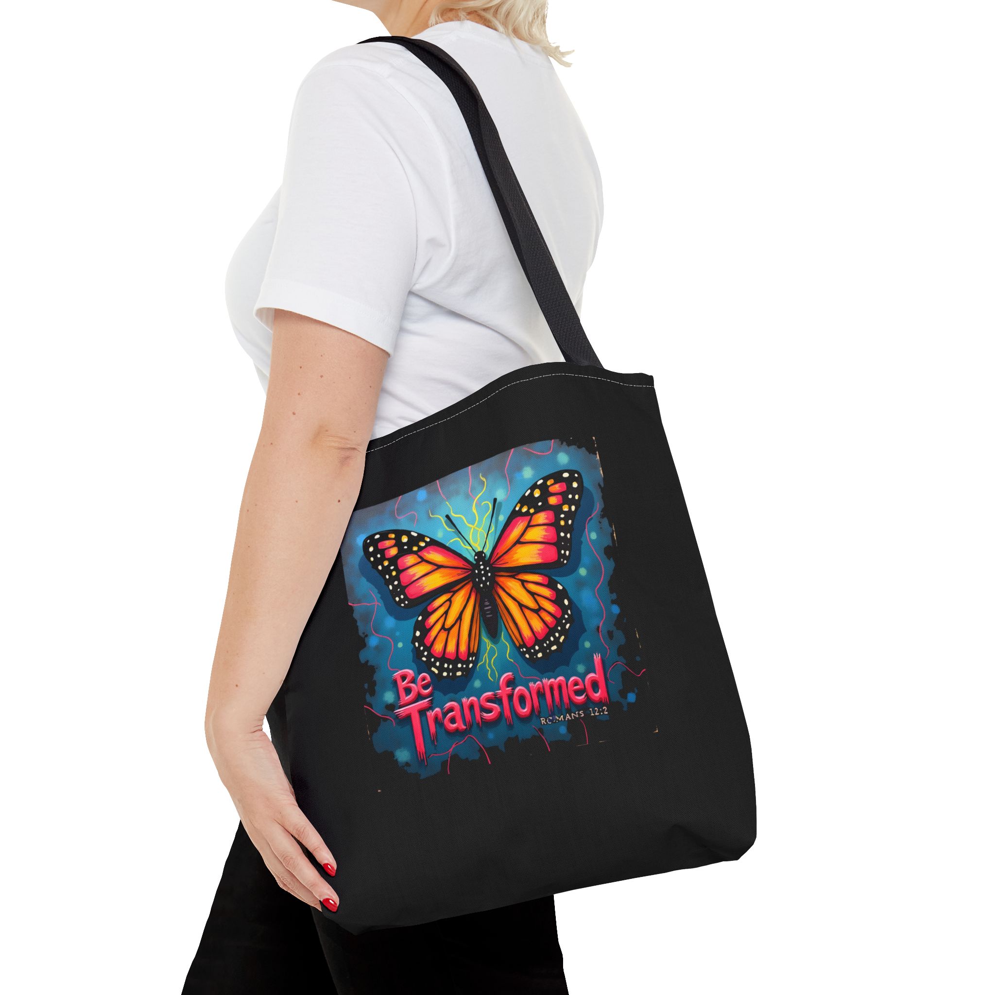 Be Transformed Butterfly Unisex Tote Bag | Christian Scripture Romans 12:2 Artwork - Image 5