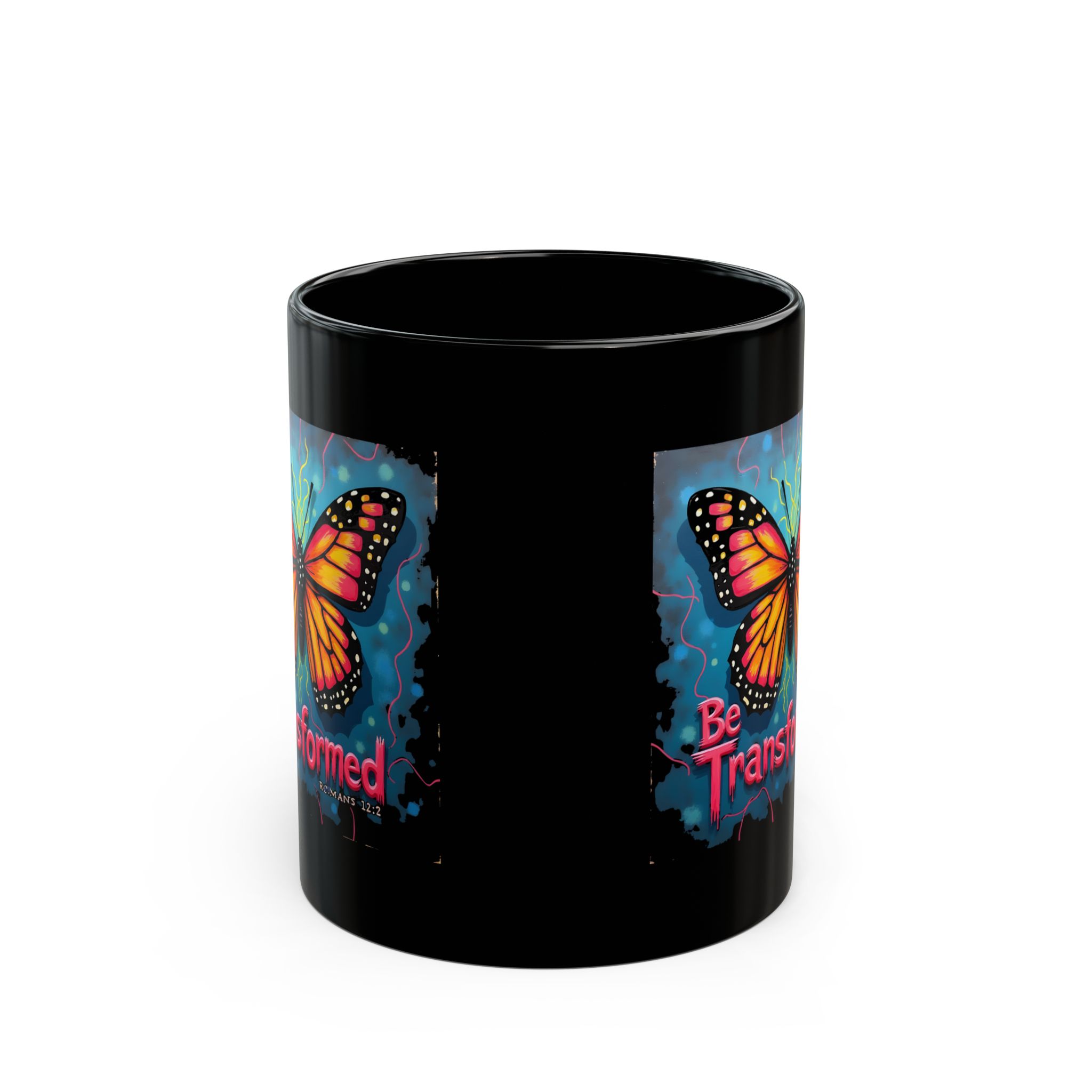 Be Transformed Butterfly Mug, Romans 12:2 Black Ceramic Mug - Image 2