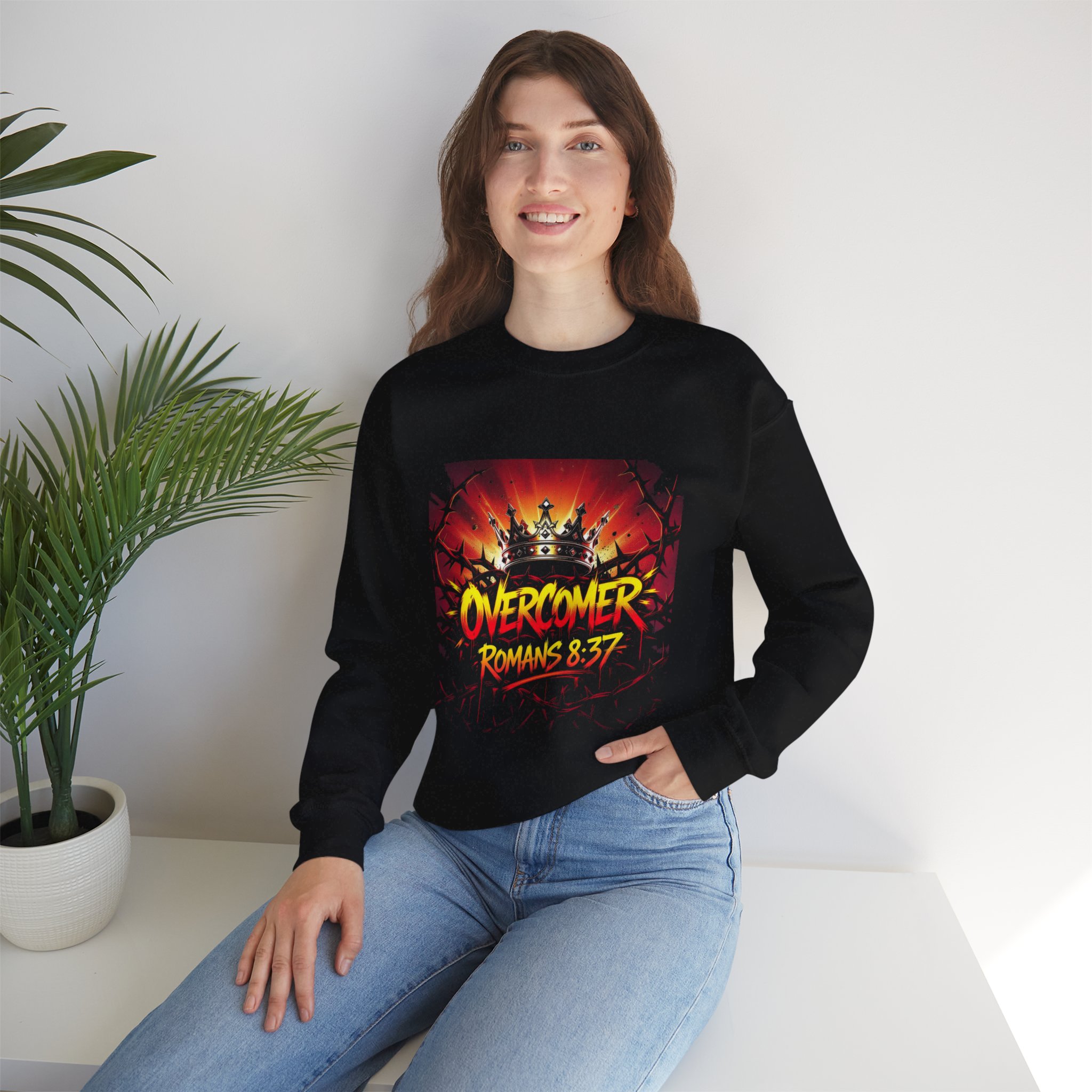 Overcomer Romans 8:37 Sweatshirt | Crown Christian Faith Graphic