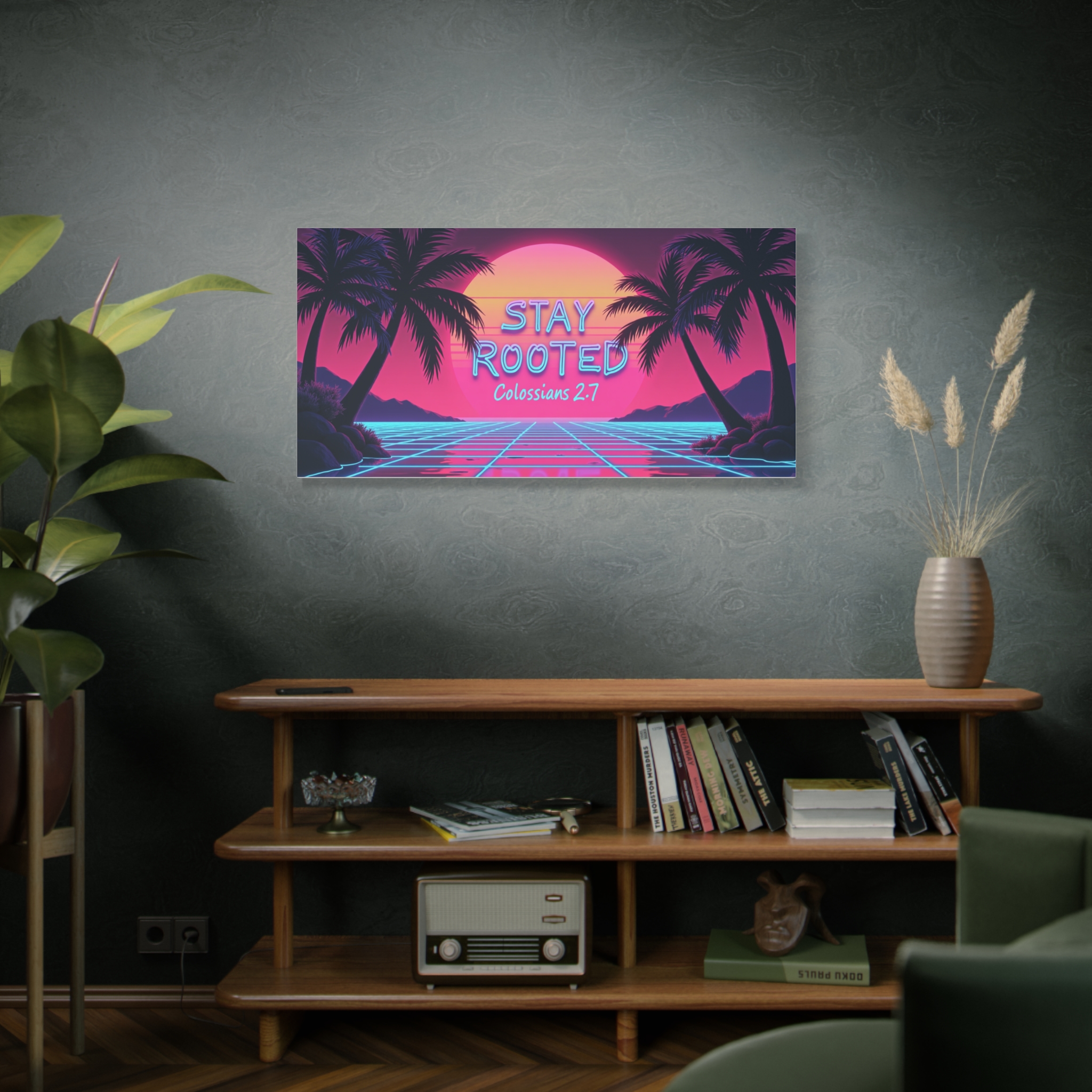 Stay Rooted Canvas Wall Art — Colossians 2:7 Retro Sunset Palm Print - Image 6