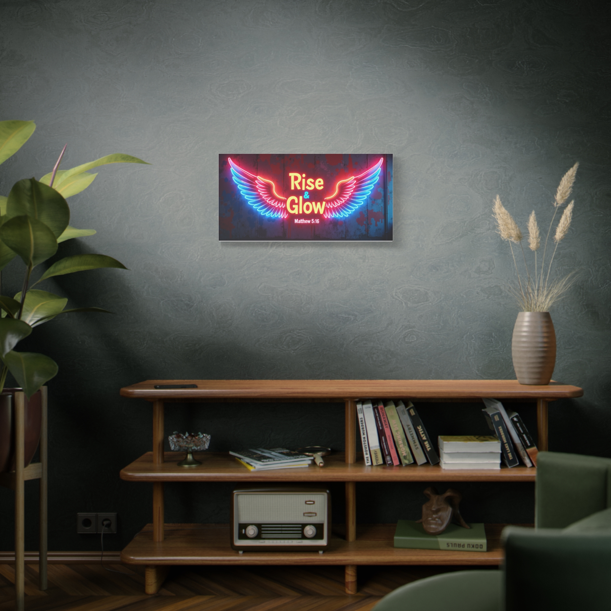 Rise & Glow Neon Wings Matte Canvas Wall Art — Matthew 5:16 Christian Decor - Image 4