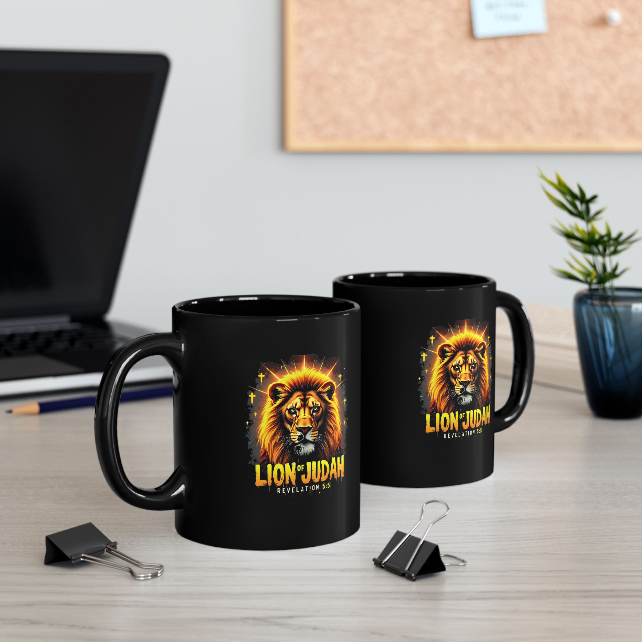 Lion of Judah Mug, Black Ceramic Coffee Cup, Revelation 5:5 Design, Christian gift